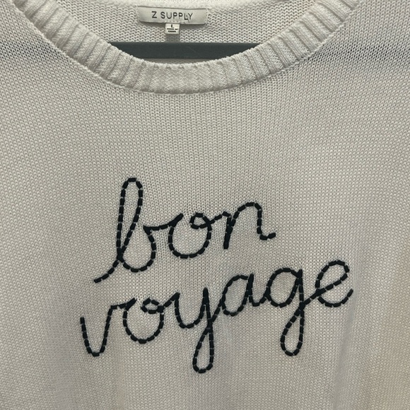 Z supply white cotton Bon Voyage crewneck embroidered sweater size Large - Picture 5 of 8